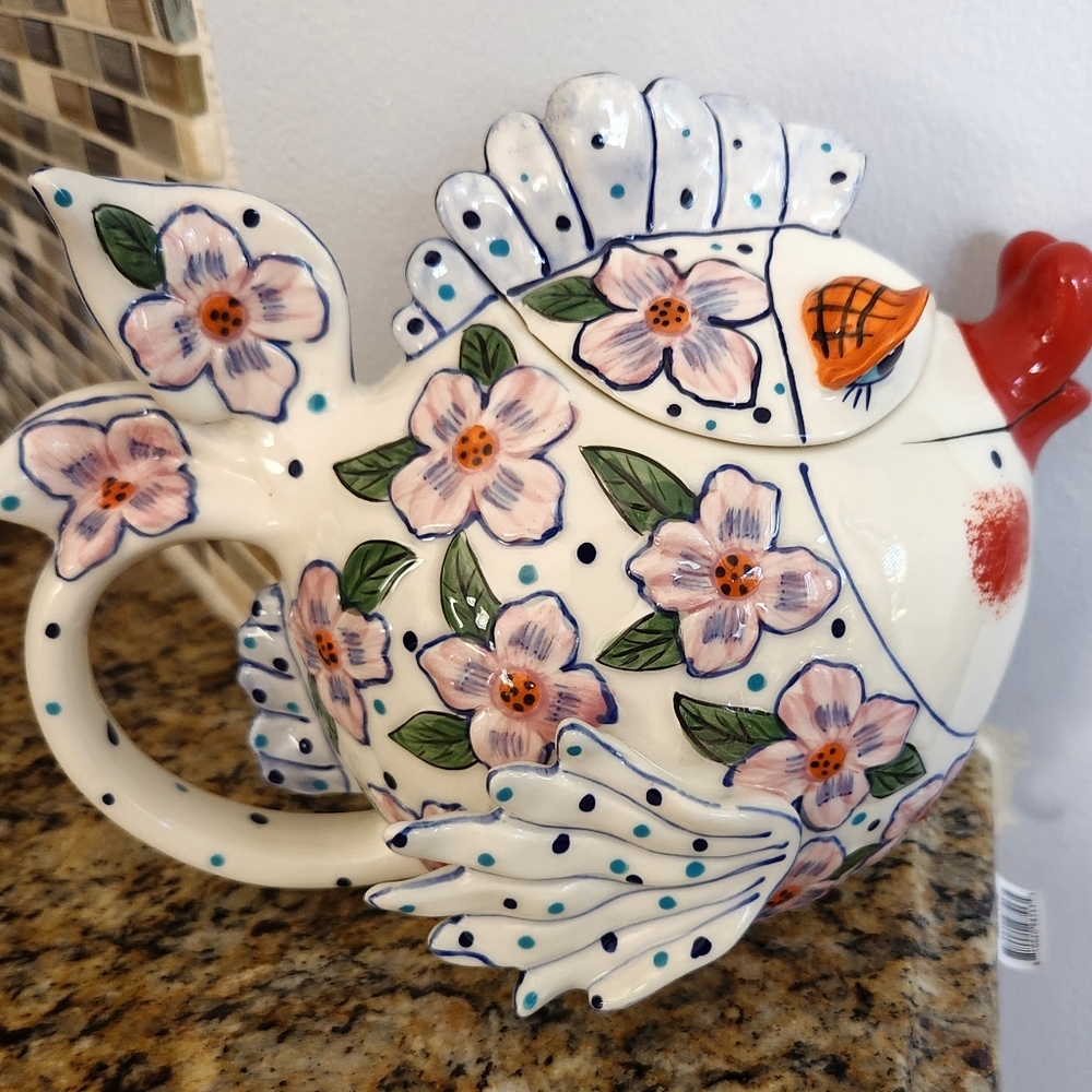 Blue Sky Clayworks By Diane Artware Ceramic Pink Flower Fish Teapot New
